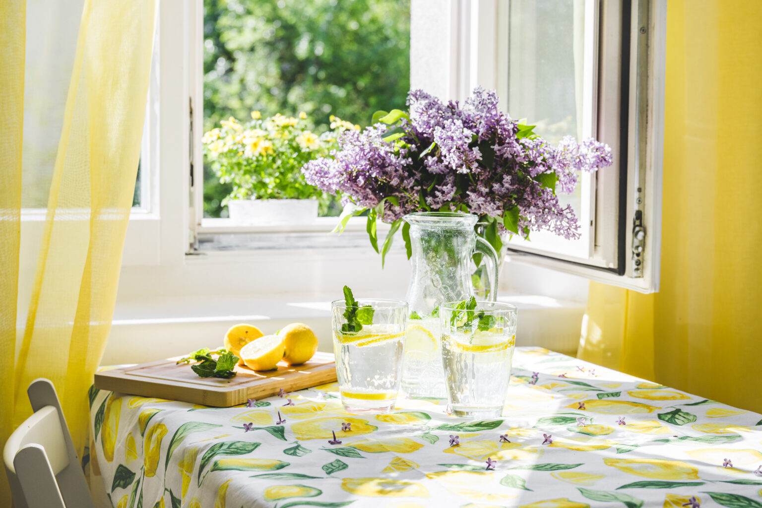 Soda Water In Glasses With Sliced Lemon On Kitchen Table